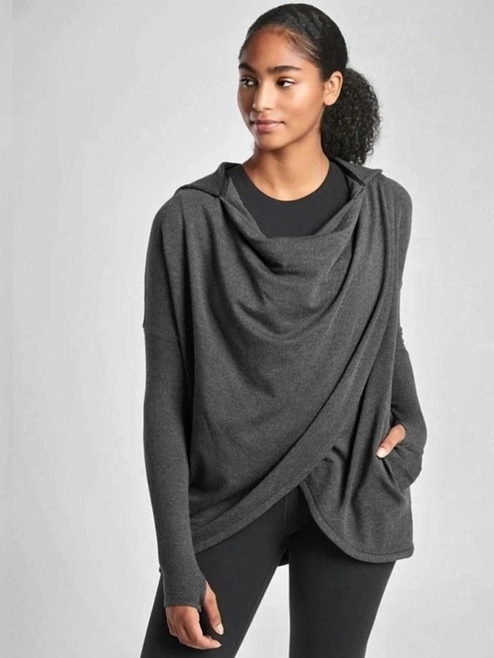 thleta Purana Wrap Hoodie Sweatshirt Gray Nirvana Draped Cowl Neck Top L